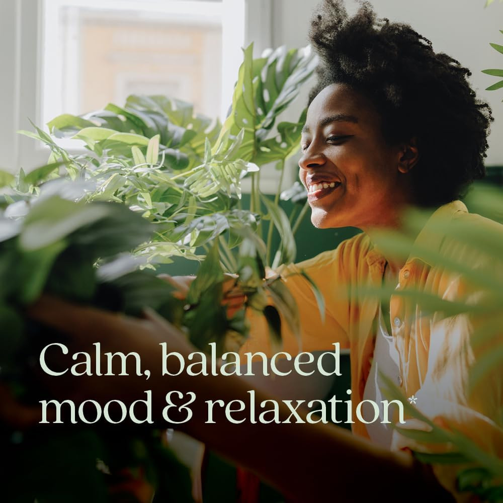 Woman laughing outdoors, calm balanced mood and relaxation lifestyle graphic