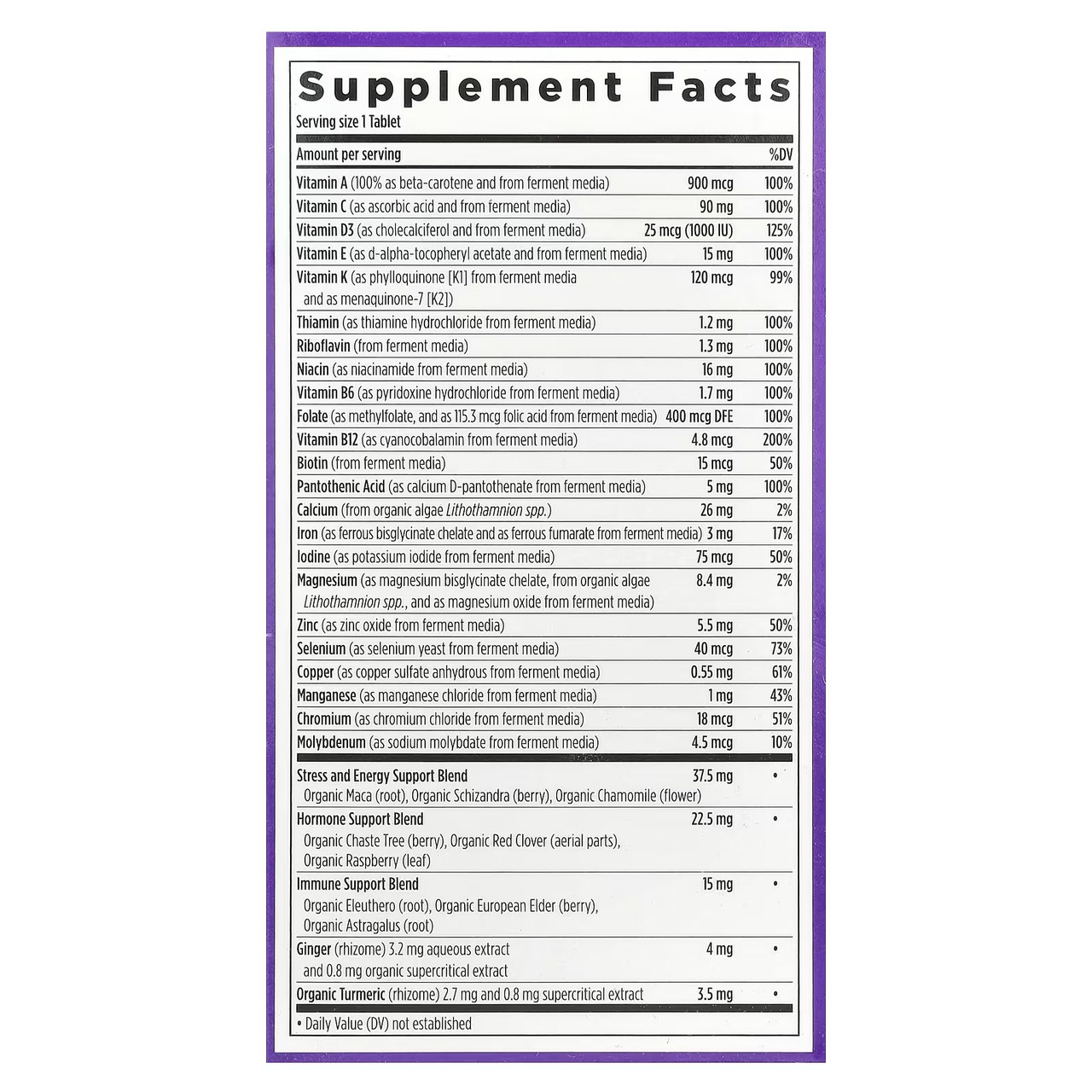 Every Woman's One Daily supplement facts panel