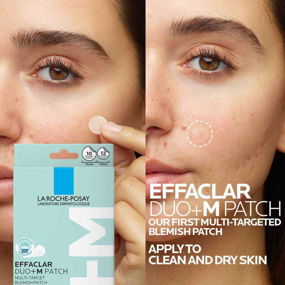 Model applying a patch beside the box, apply to clean and dry skin