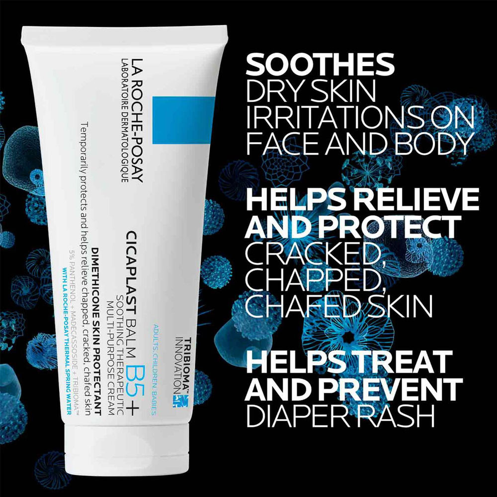 Cicaplast Balm B5+ tube with soothes and helps protect text