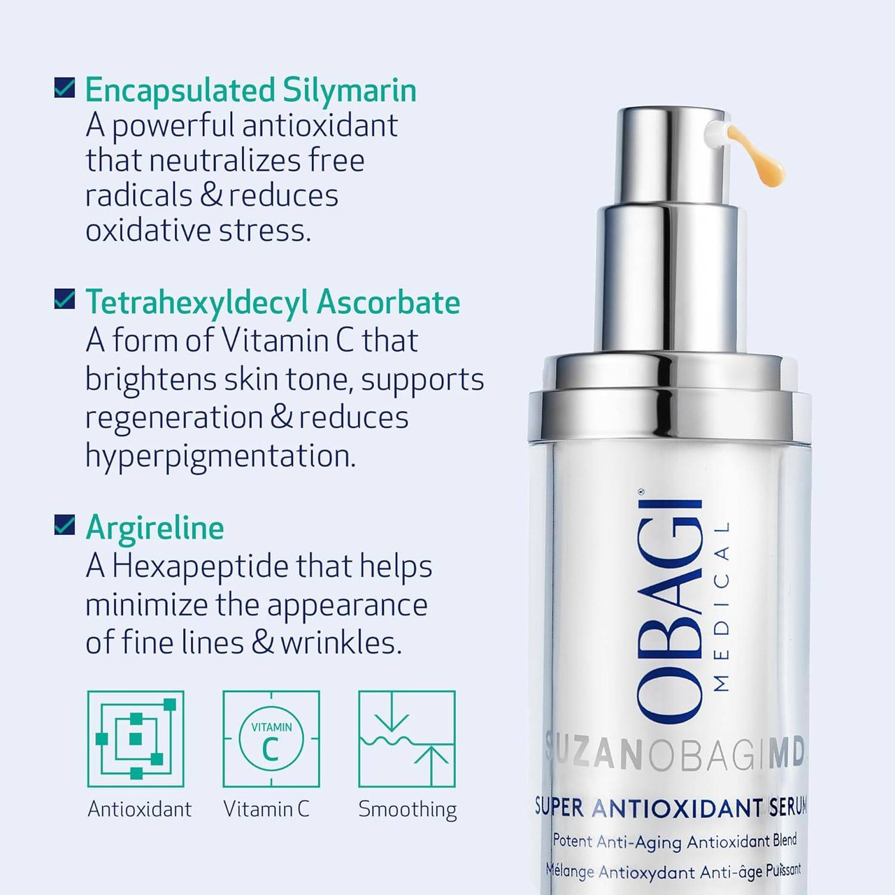 Serum bottle with silymarin, vitamin C and argireline ingredient notes
