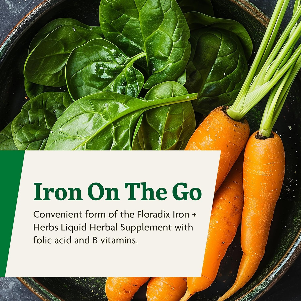 Spinach and carrots, Floradix Iron On The Go tablets graphic