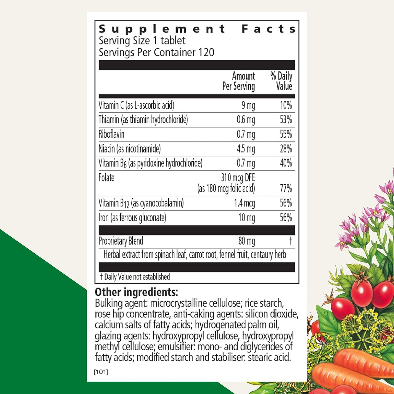 Floradix Iron + Herbs tablets supplement facts panel, 120 servings
