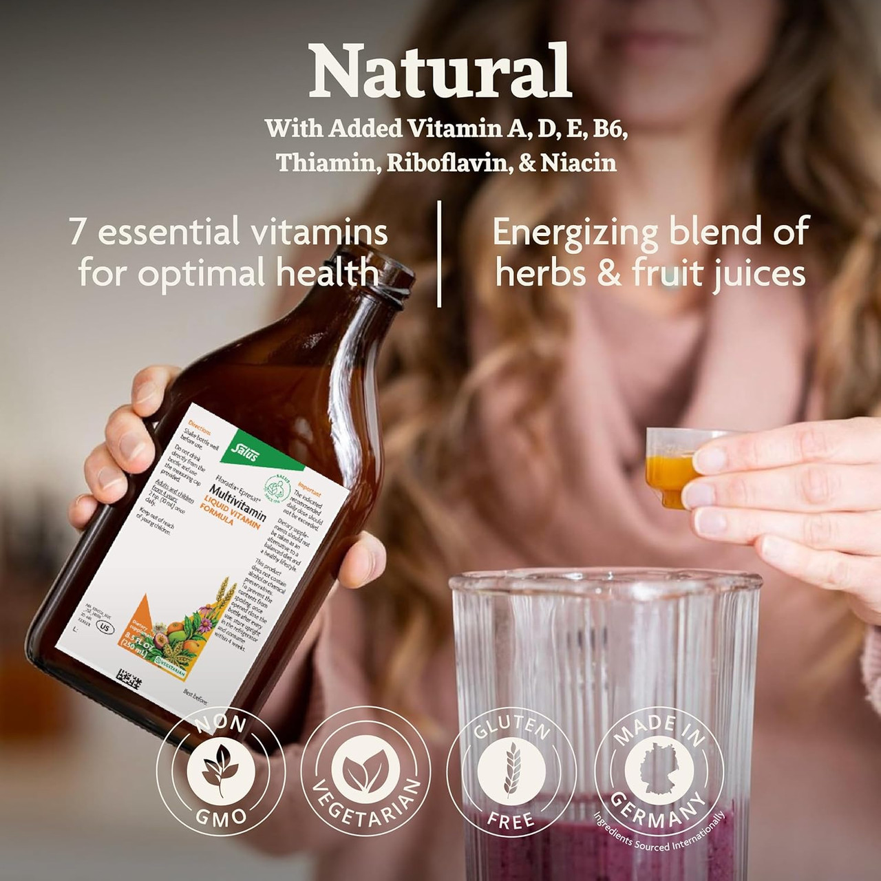 Hand pouring Epresat, natural seven vitamins energizing herbs and fruit juices graphic