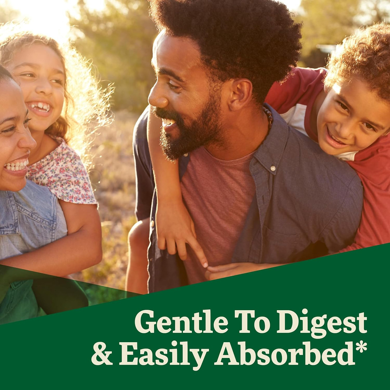 Father and children outdoors, Floradix gentle to digest and easily absorbed graphic