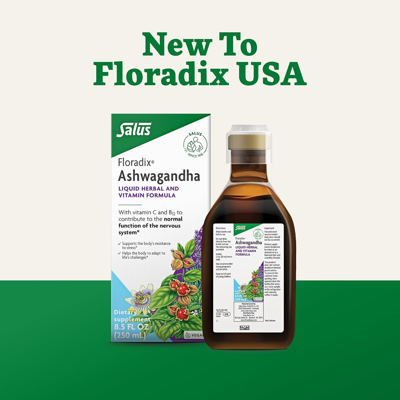 Floradix Ashwagandha bottle and box, new to Floradix USA announcement graphic