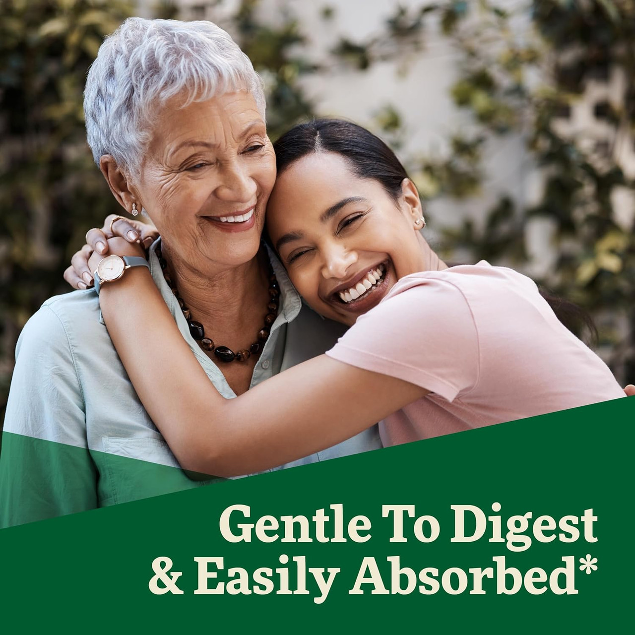 Older and younger women hugging, Floradix gentle to digest easily absorbed graphic