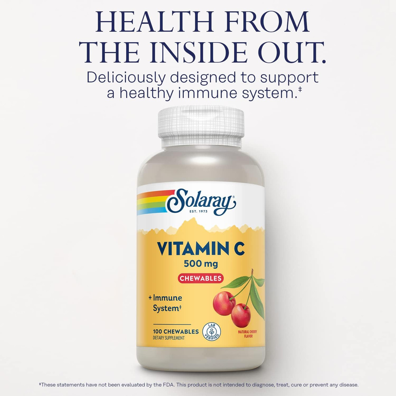Vitamin C chewables bottle, health from the inside out delicious immune support graphic