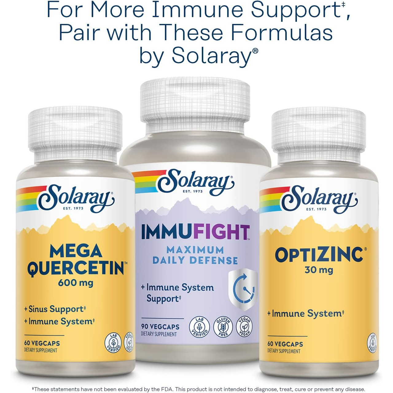 Solaray Mega Quercetin Immufight and OptiZinc bottles, pair for immune support graphic