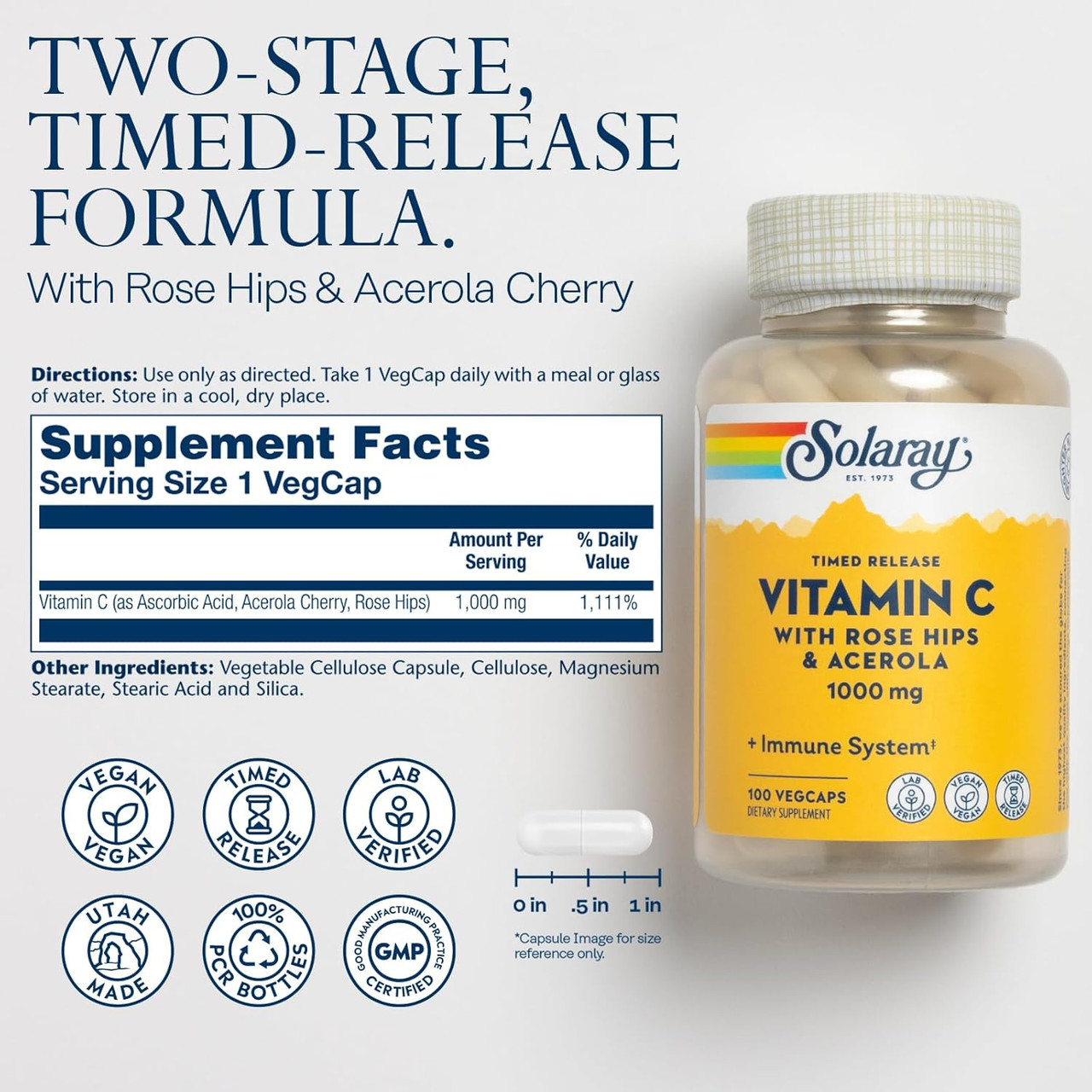 Solaray Vitamin C with Rose Hips & Acerola, Two-Stage Timed-Release - 100 Capsules