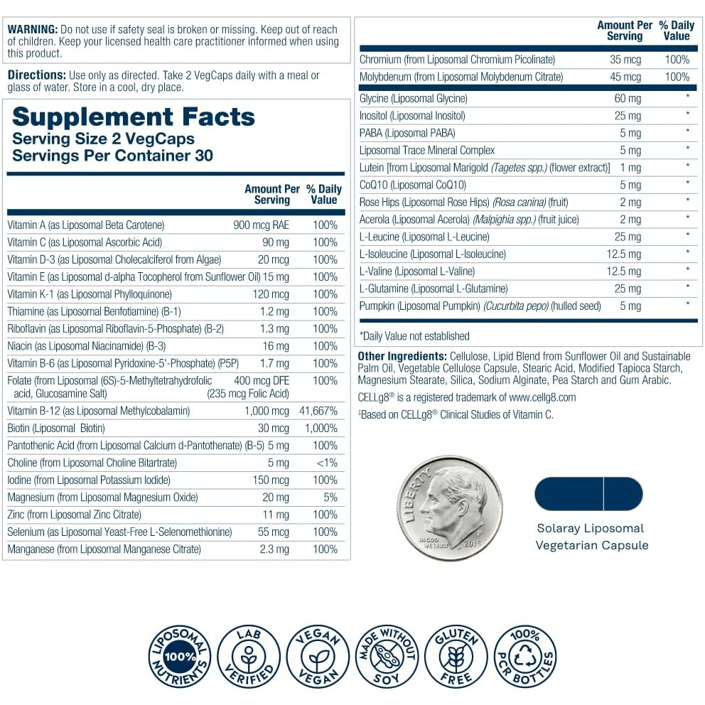 Liposomal Men's Multivitamin facts with vitamins minerals and liposomal capsule diagram