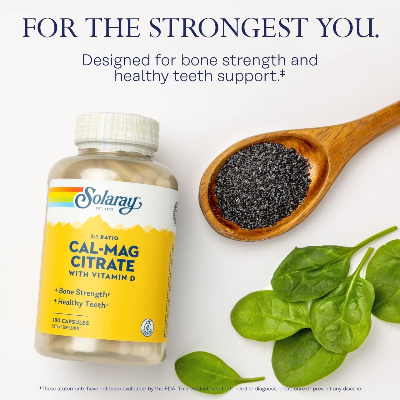 Cal-Mag bottle with spinach and seeds, strongest you bone and teeth support graphic