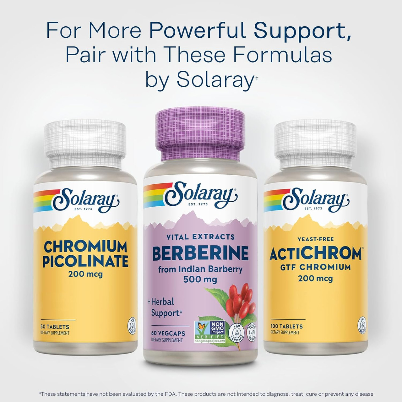 Solaray Berberine Chromium Picolinate and ActiChrom bottles, pair for powerful support