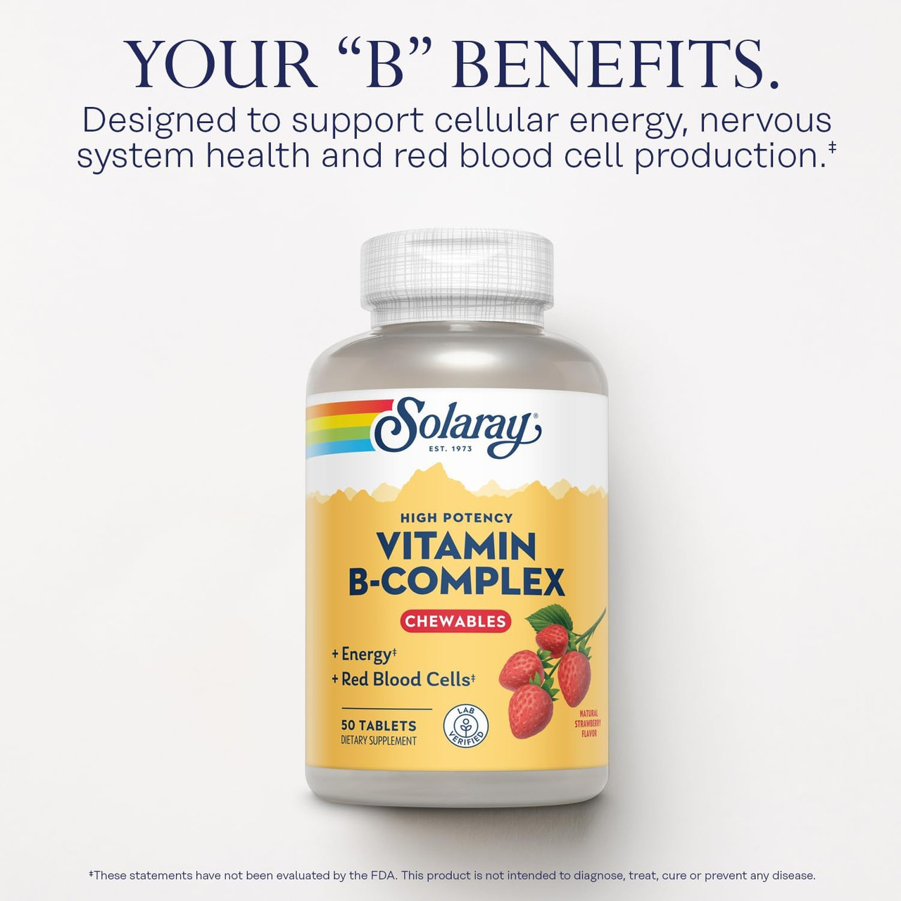 Vitamin B-Complex chewables bottle, your B benefits graphic