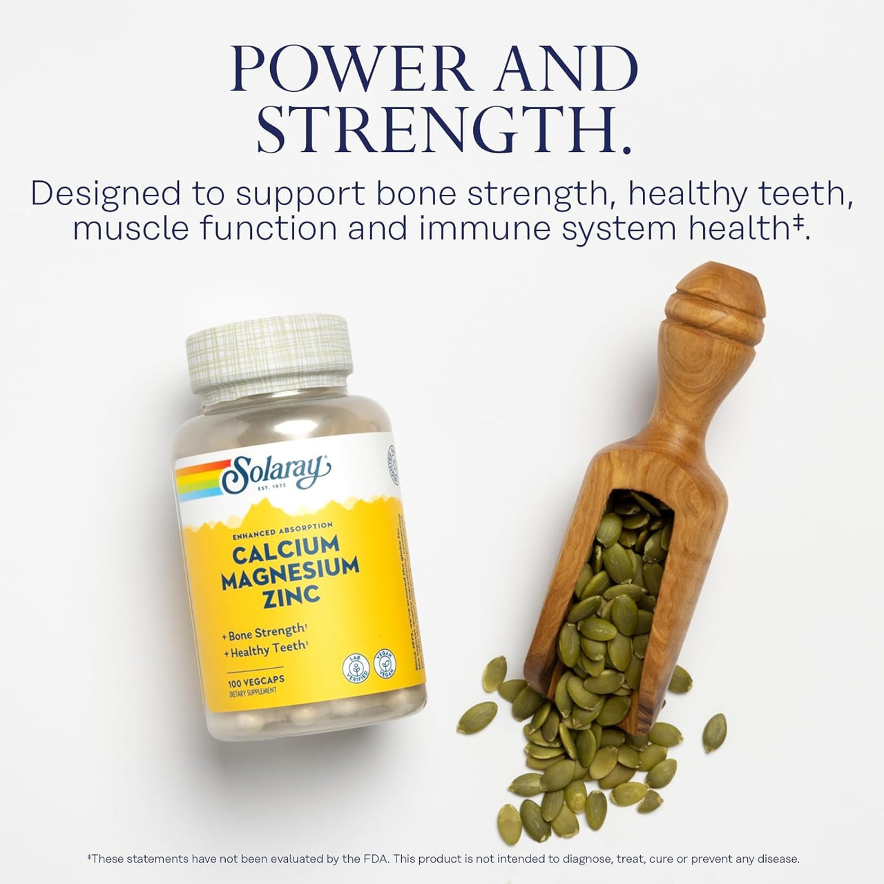 Cal-Mag-Zinc bottle with pumpkin seeds, power and strength bone muscle immune graphic