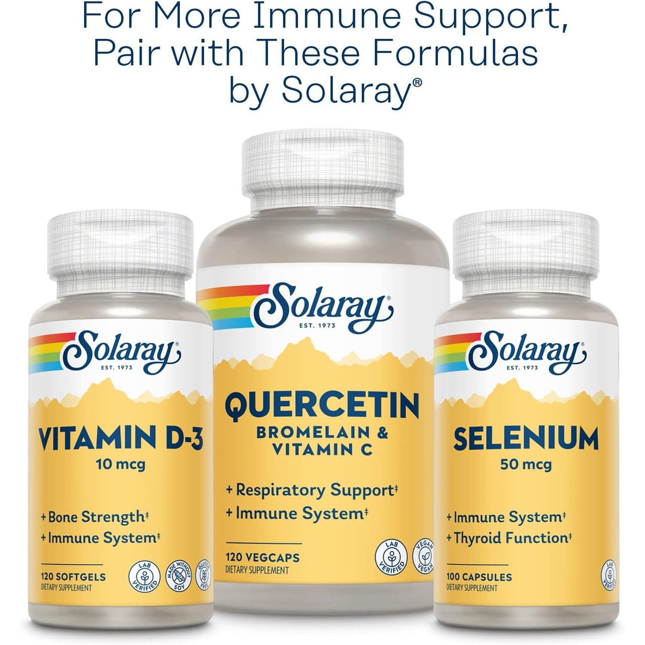 Solaray Vitamin D3 Quercetin Bromelain Vitamin C and Selenium bottles, pair for immune support