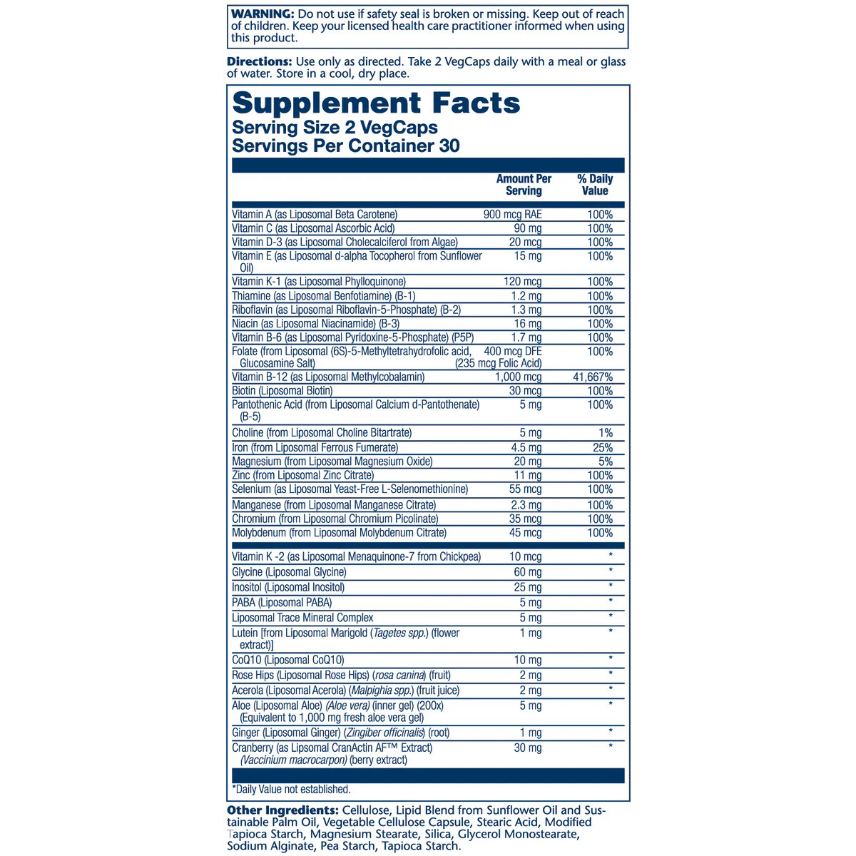Liposomal Women's 50+ MultiVitamin supplement facts, 2 VegCap serving