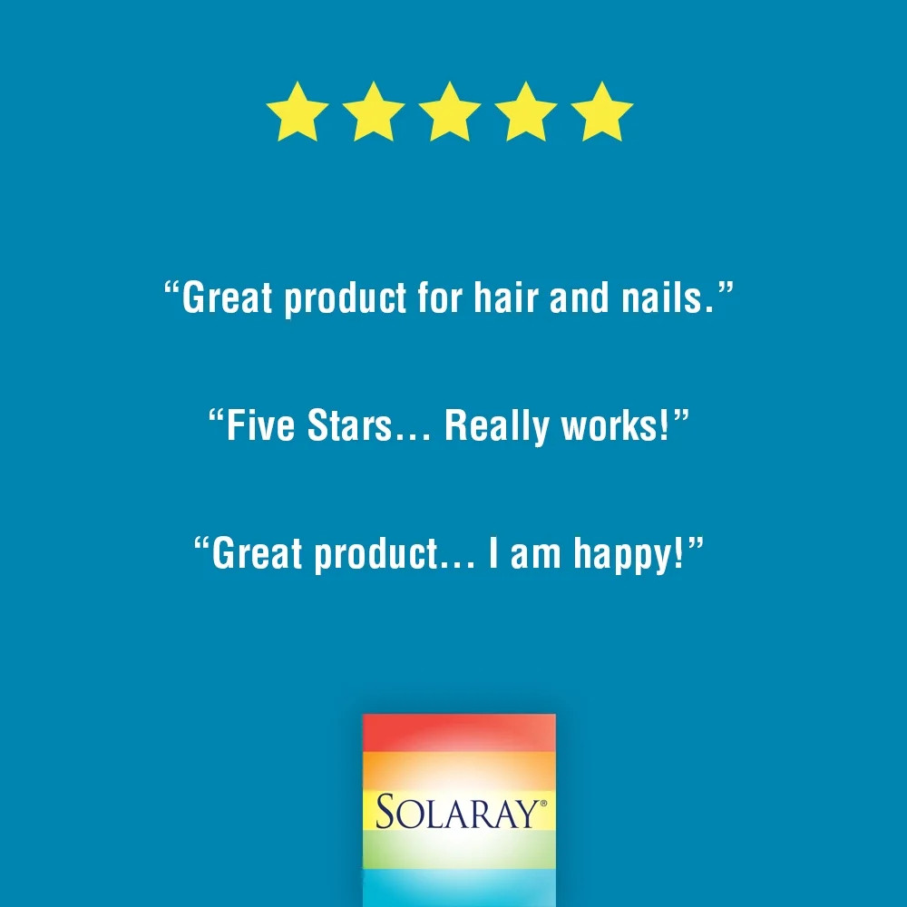 Five-star customer quotes about Solaray Biotin for hair and nails graphic