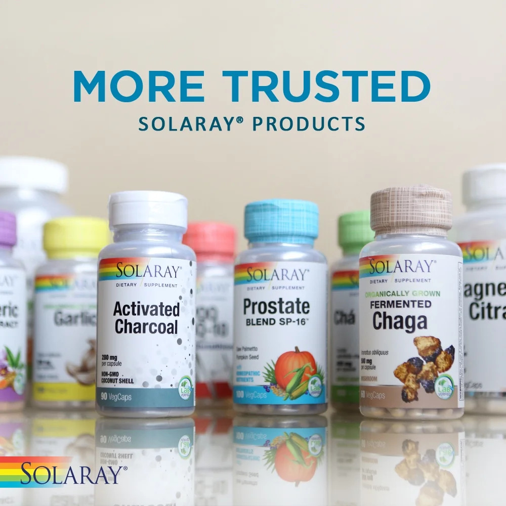Row of Solaray bottles, more trusted Solaray products graphic