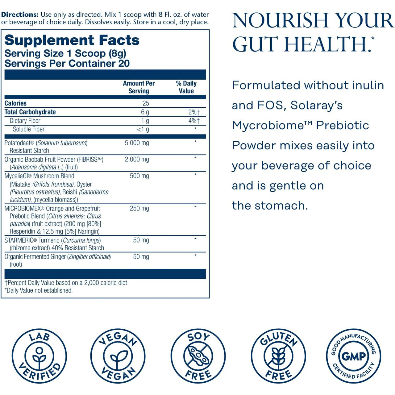 Mycrobiome Prebiotic Powder unflavored facts, nourish your gut health lab verified graphic