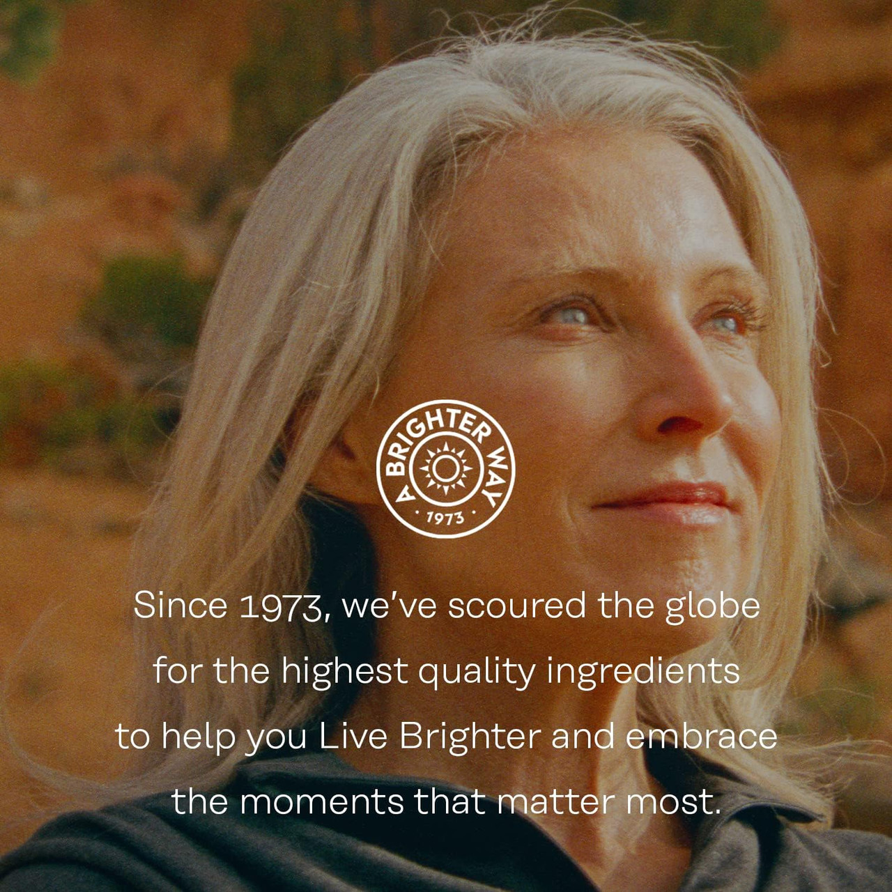 Smiling woman outdoors, Solaray since 1973 Brighter Way graphic on sourcing quality ingredients