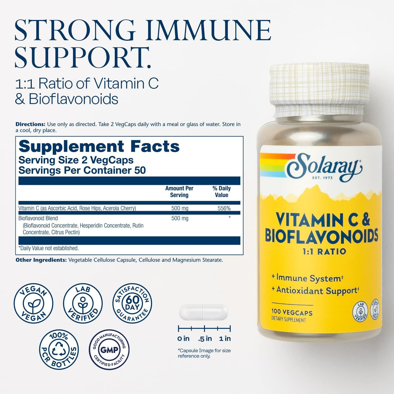 Vitamin C & Bioflavonoids supplement facts beside the bottle with quality icons