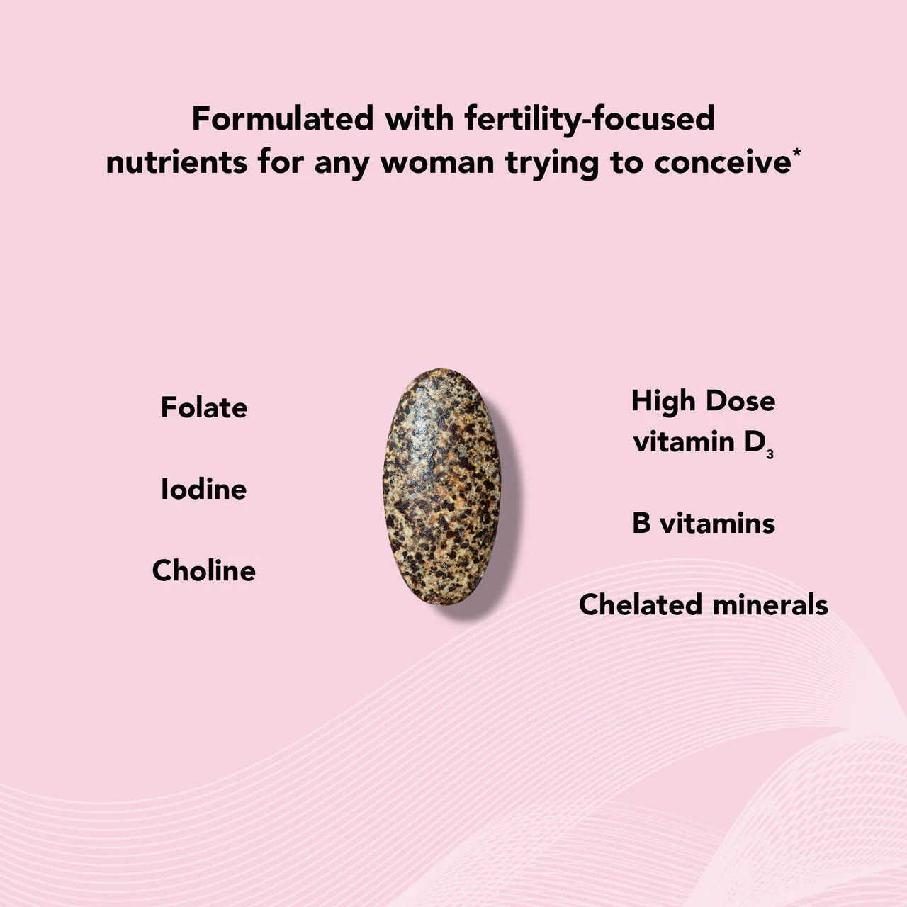 Tablet with fertility-focused nutrients: folate, iodine, choline, vitamin D3, B vitamins and chelated minerals