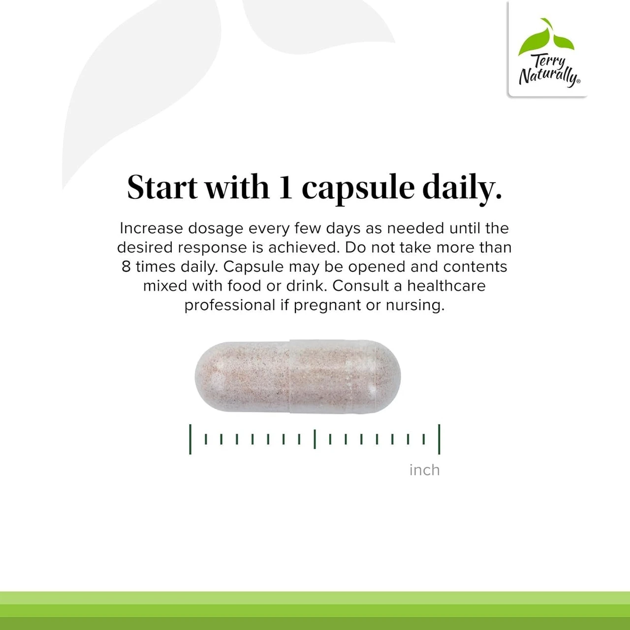 CalmKIDS capsule size guide, start with 1 daily open and mix with food graphic