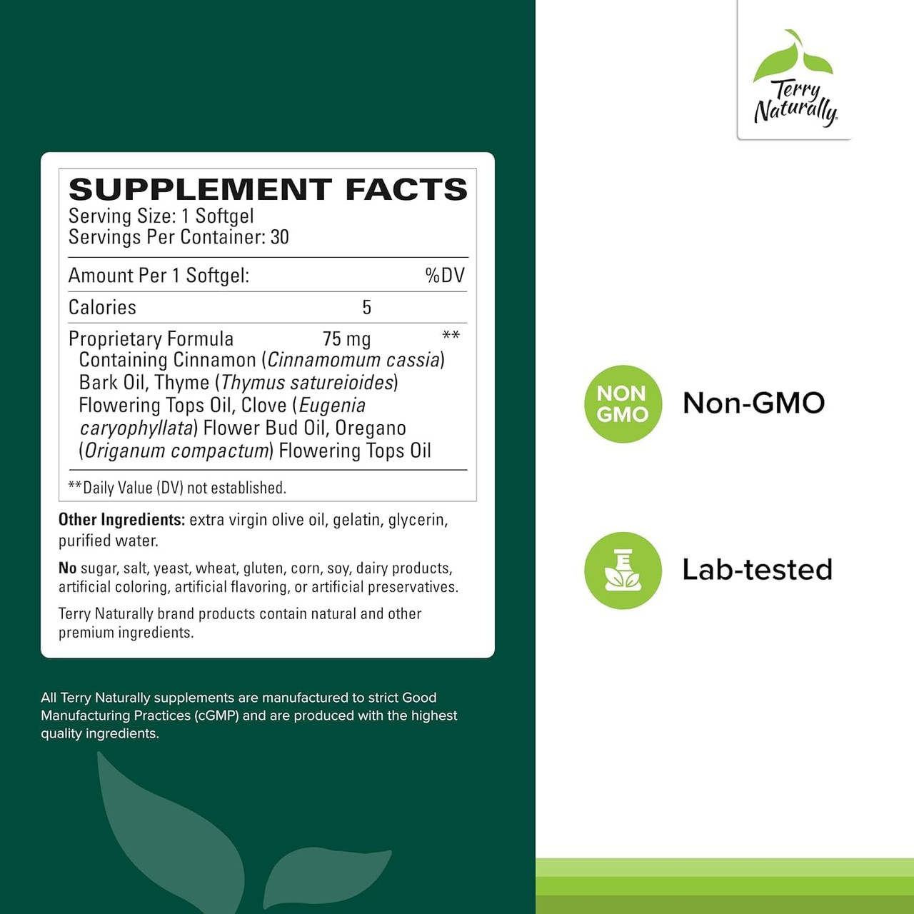 Bacteril facts with 75 mg cinnamon thyme clove oregano oils Non-GMO lab-tested icons