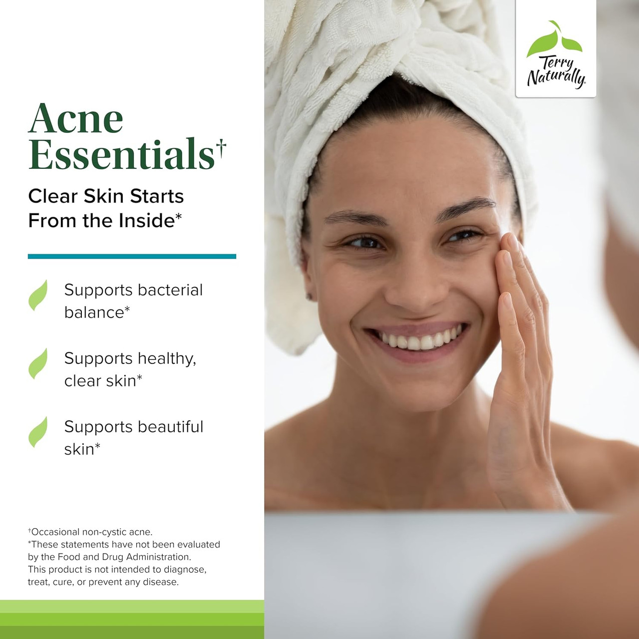 Smiling woman in a towel touching her face, Acne Essentials clear skin starts from the inside graphic