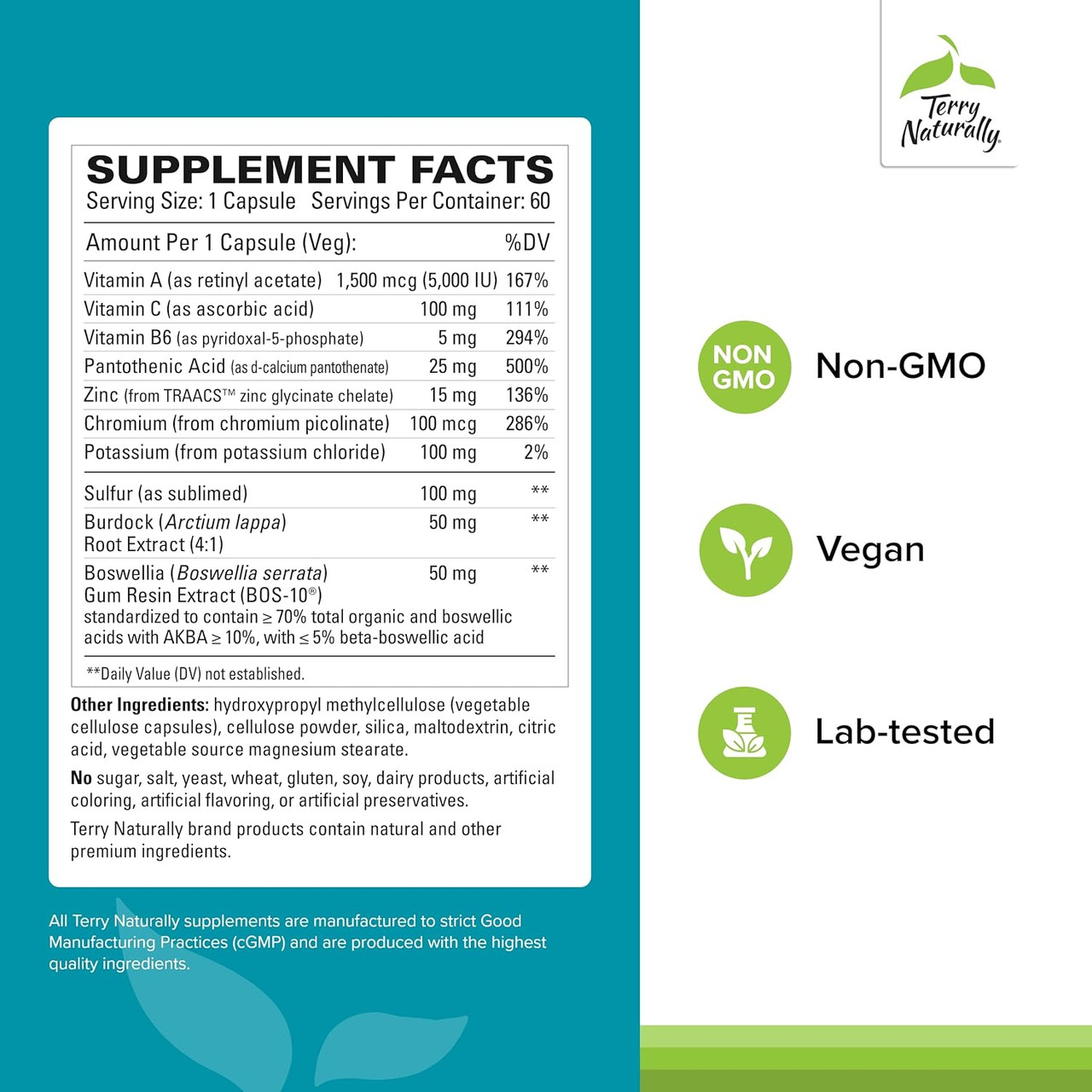 Acne Essentials supplement facts with non-GMO, vegan and lab-tested icons