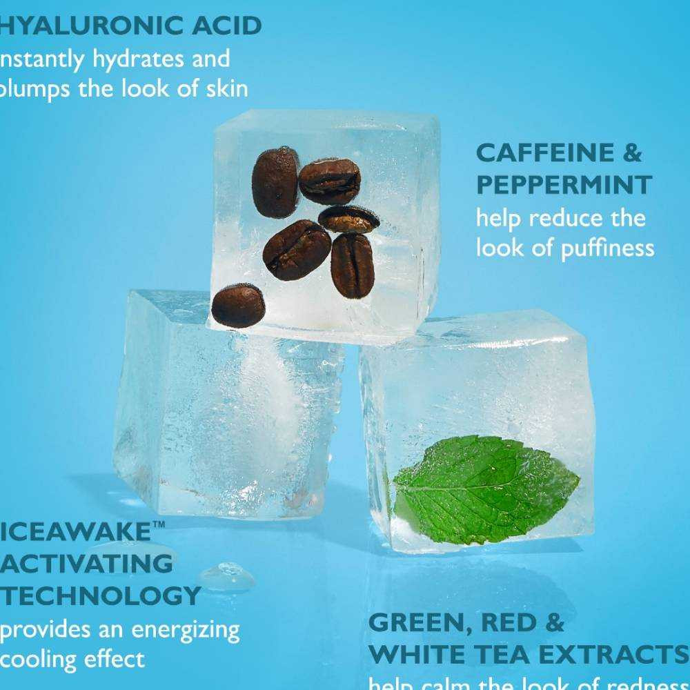 Ice cubes with coffee beans and mint, hyaluronic acid, caffeine and peppermint ingredient graphic