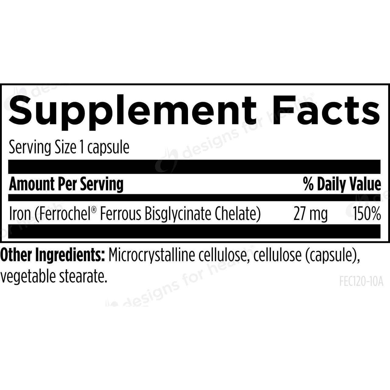 Ferrochel supplement facts panel, 1 capsule serving, 27 mg iron