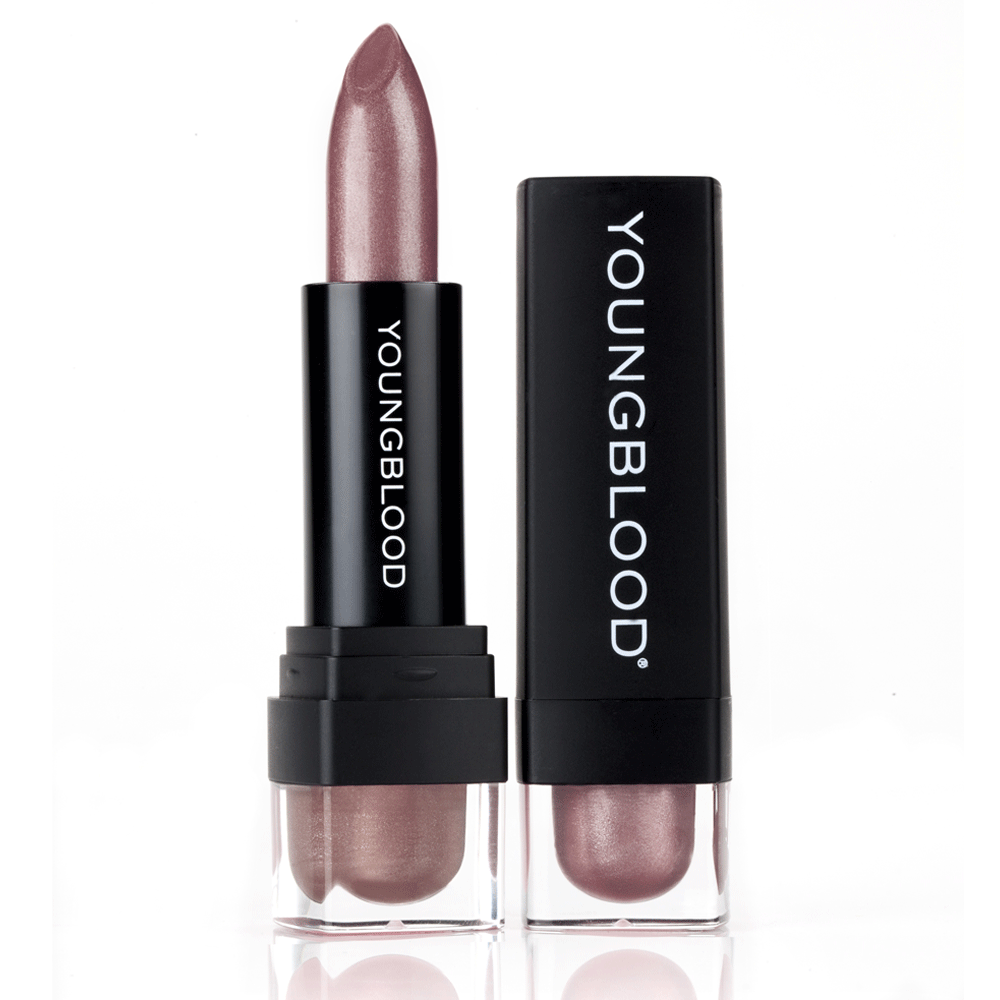 Youngblood Lipstick in a frosted pale pink shade beside its black cap