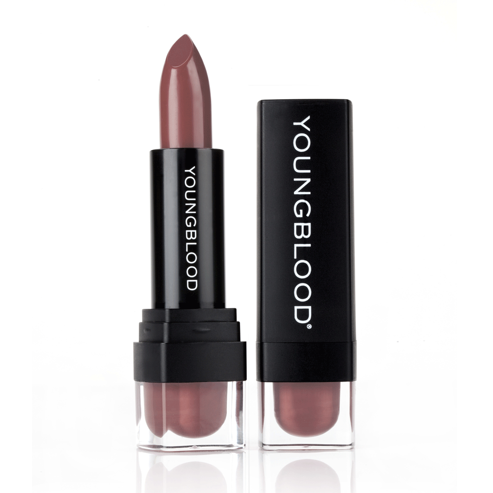 Youngblood Lipstick in a cocoa rose shade beside its black cap