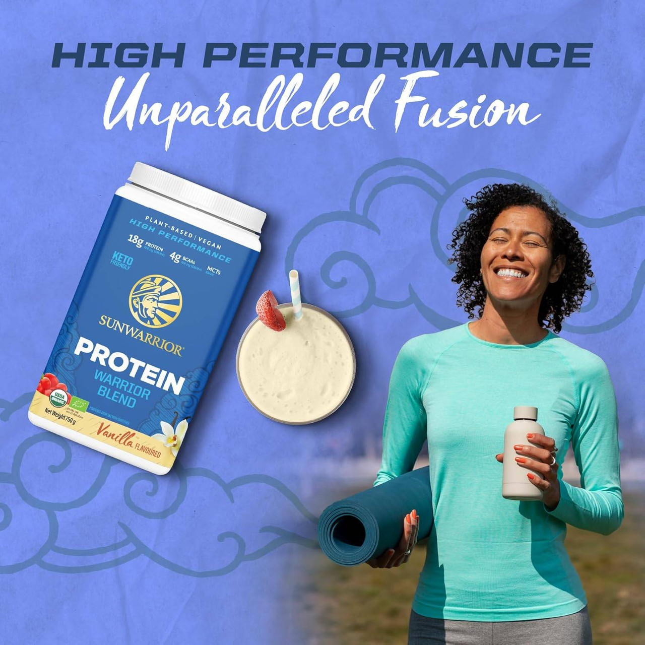 Woman with shaker bottle laughing, Warrior Blend high performance unparalleled fusion graphic