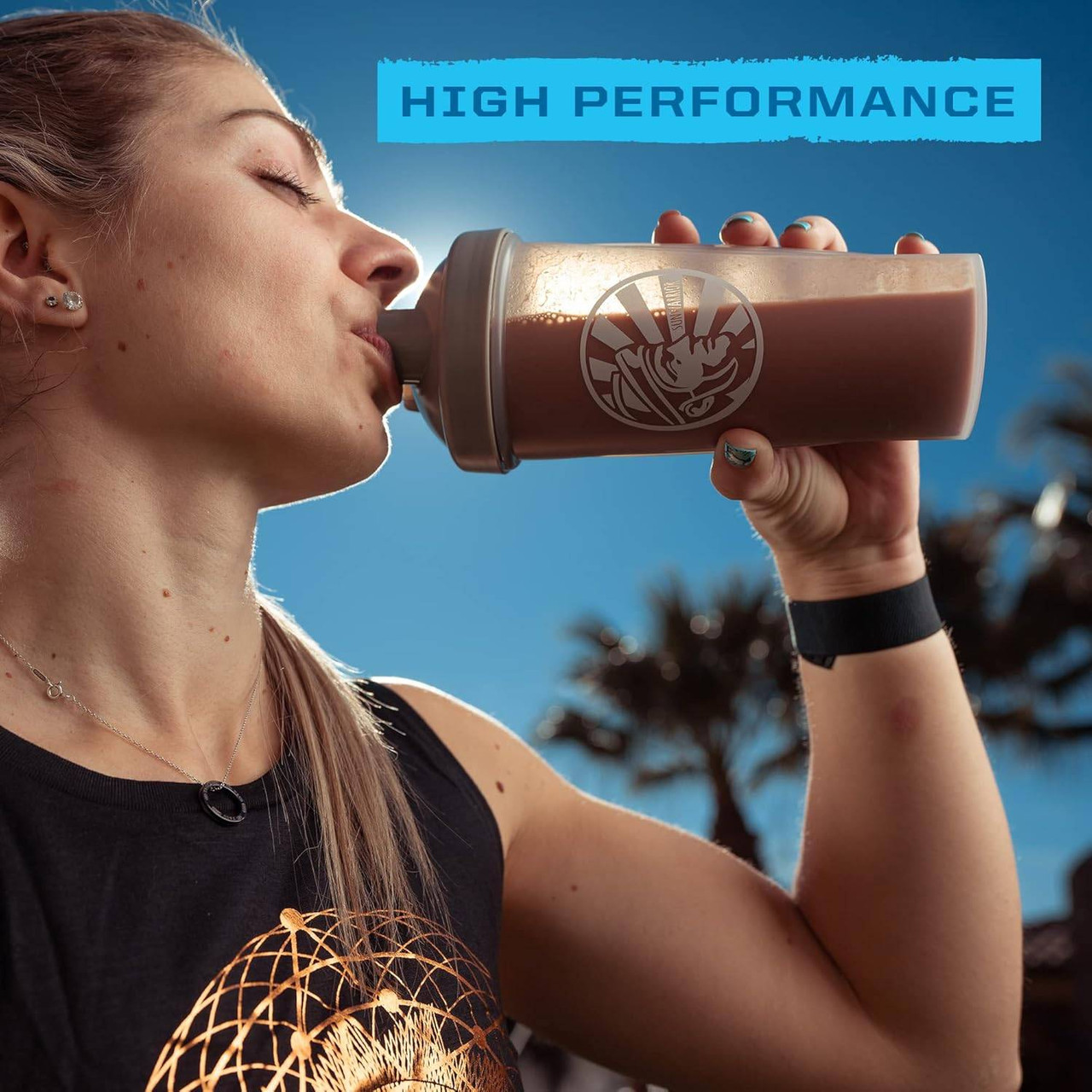 Woman drinking from a shaker bottle, high performance graphic
