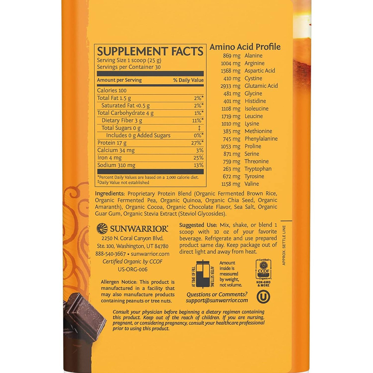Classic Plus Chocolate facts amino profile pea rice amaranth quinoa chia ingredients