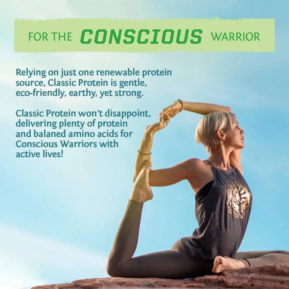 Woman in yoga pose, Classic Natural for the conscious warrior gentle earthy protein graphic