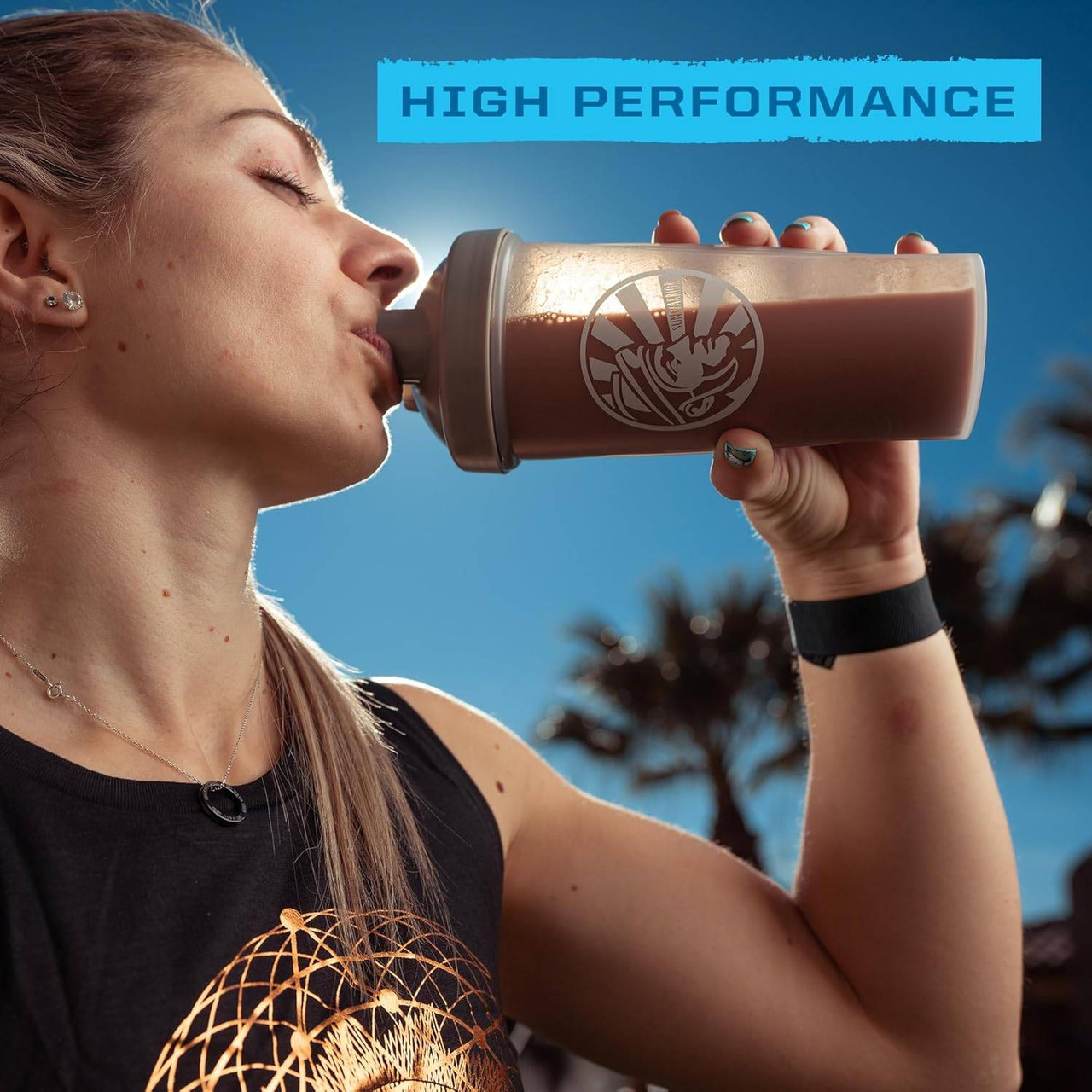 Woman drinking Sunwarrior shaker, Warrior Blend Mocha high performance graphic