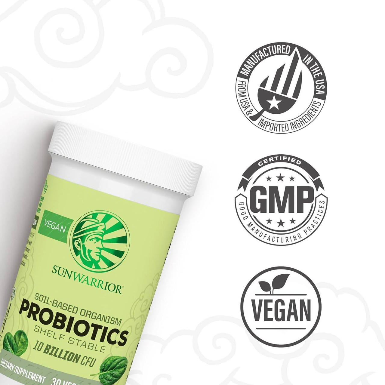 Soil-Based Probiotics bottle with Made in USA GMP vegan certification icons
