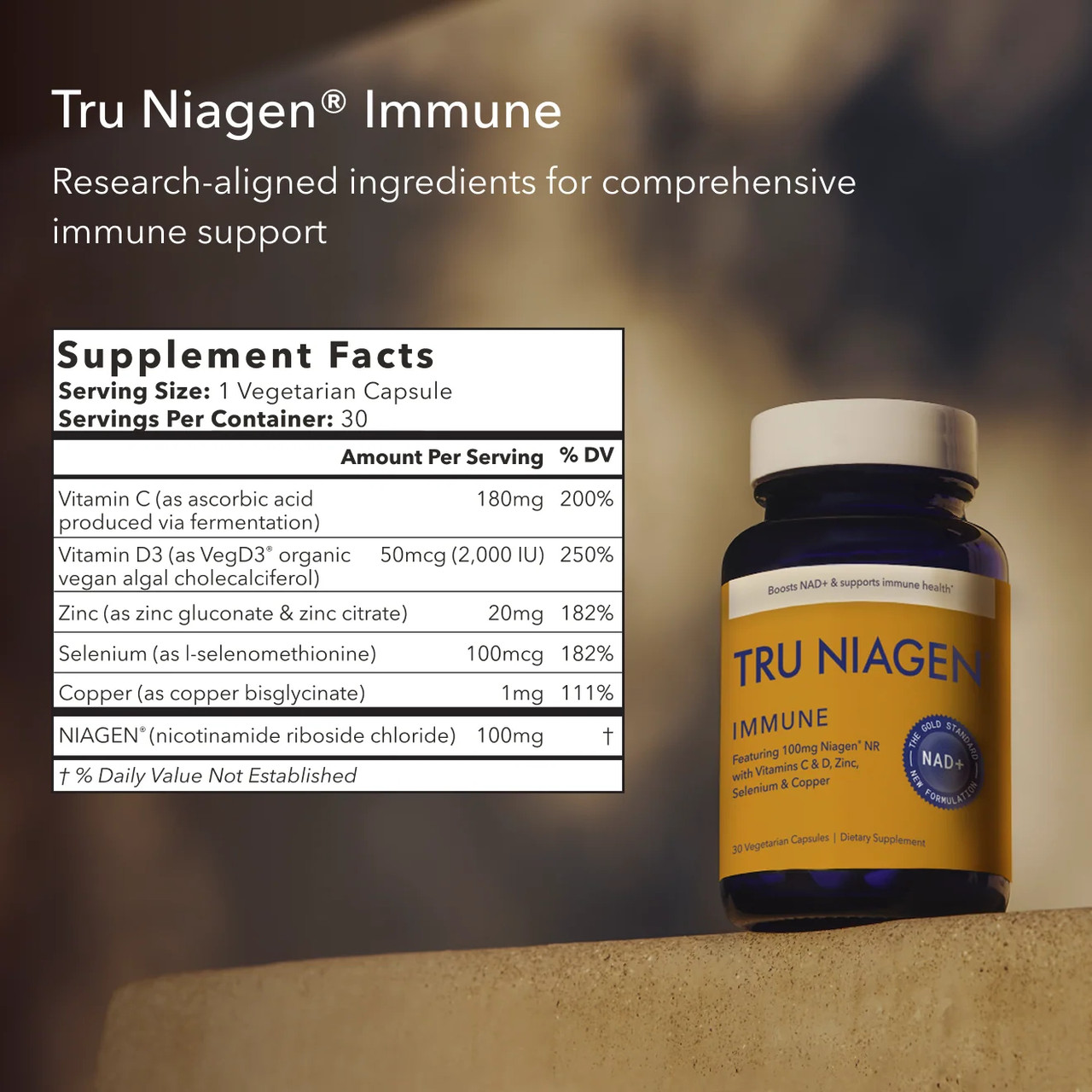 Tru Niagen Immune bottle with supplement facts, 1 capsule serving