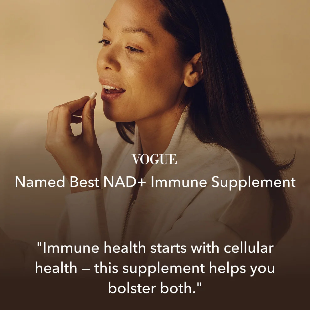 Woman taking a capsule, Vogue named best NAD+ immune supplement quote