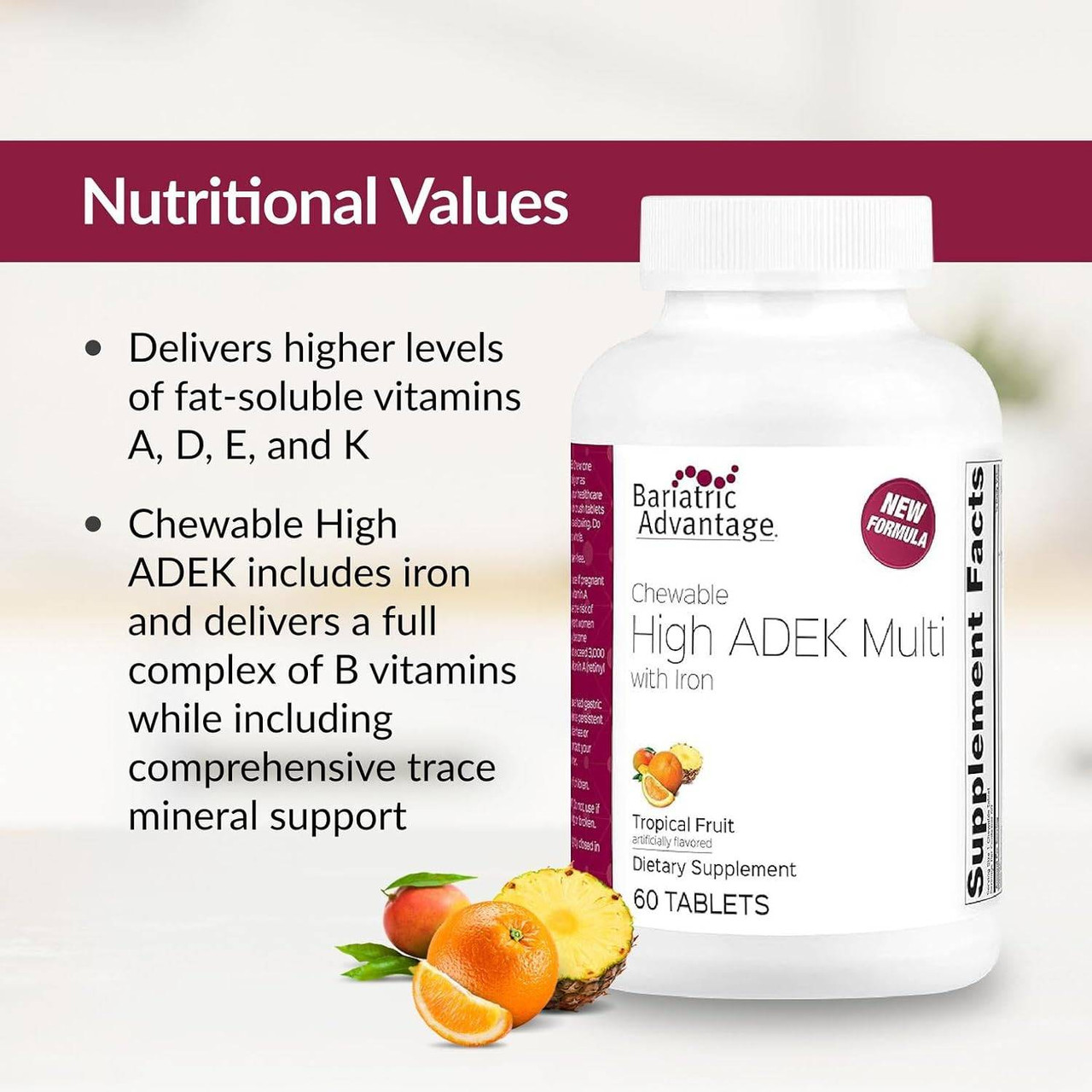 High ADEK bottle with tropical fruit and nutritional values list