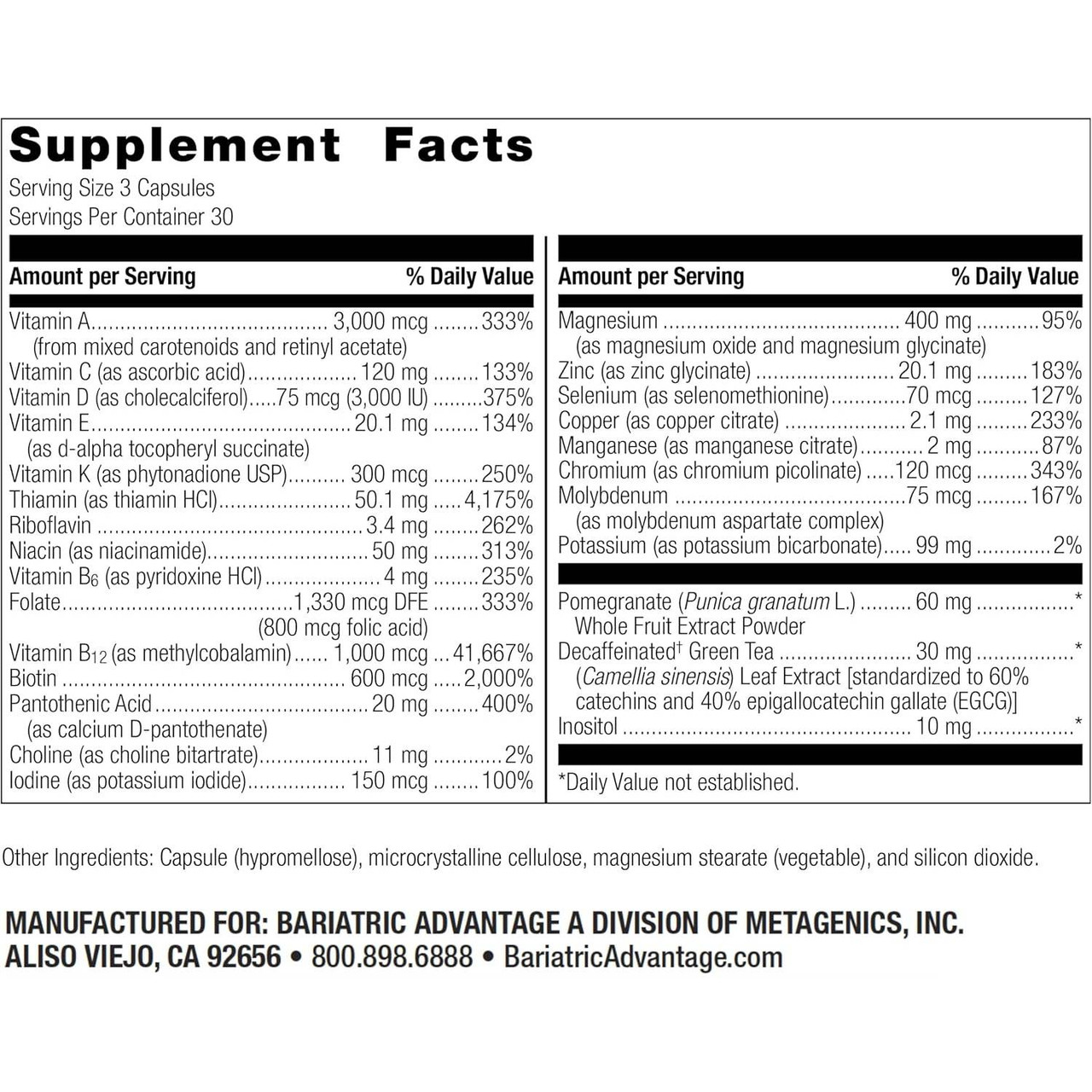 Ultra Multi without Iron supplement facts panel