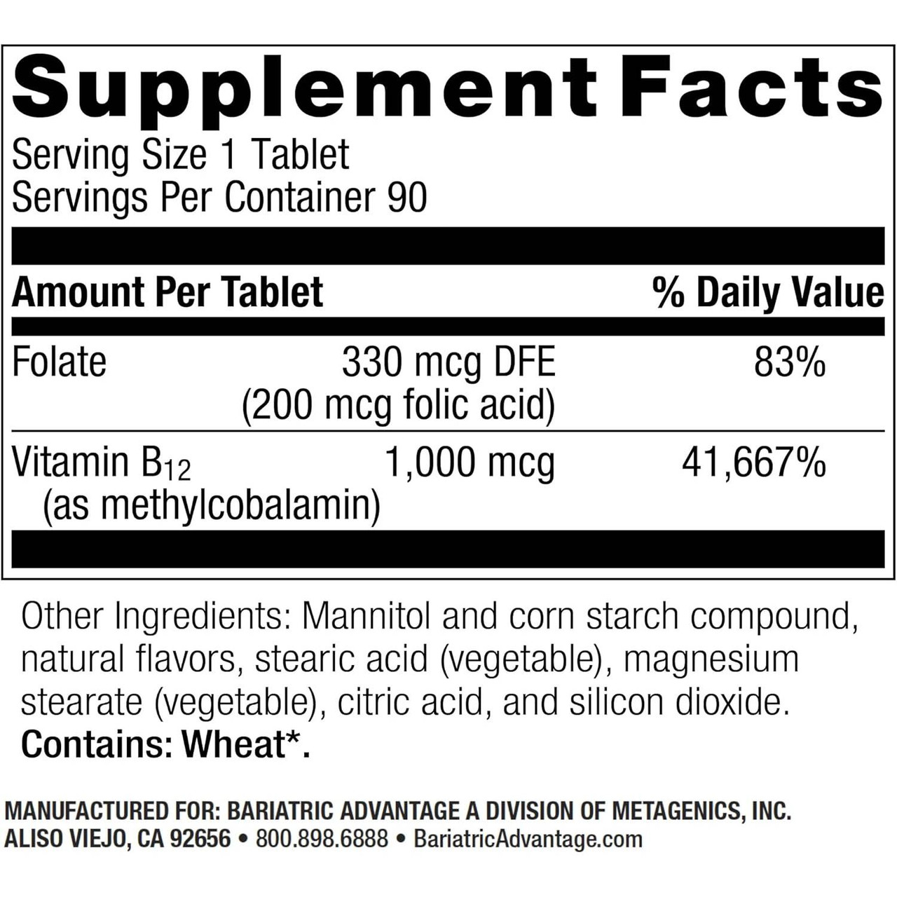 SpeedyMelts B12 supplement facts with folate and vitamin B12