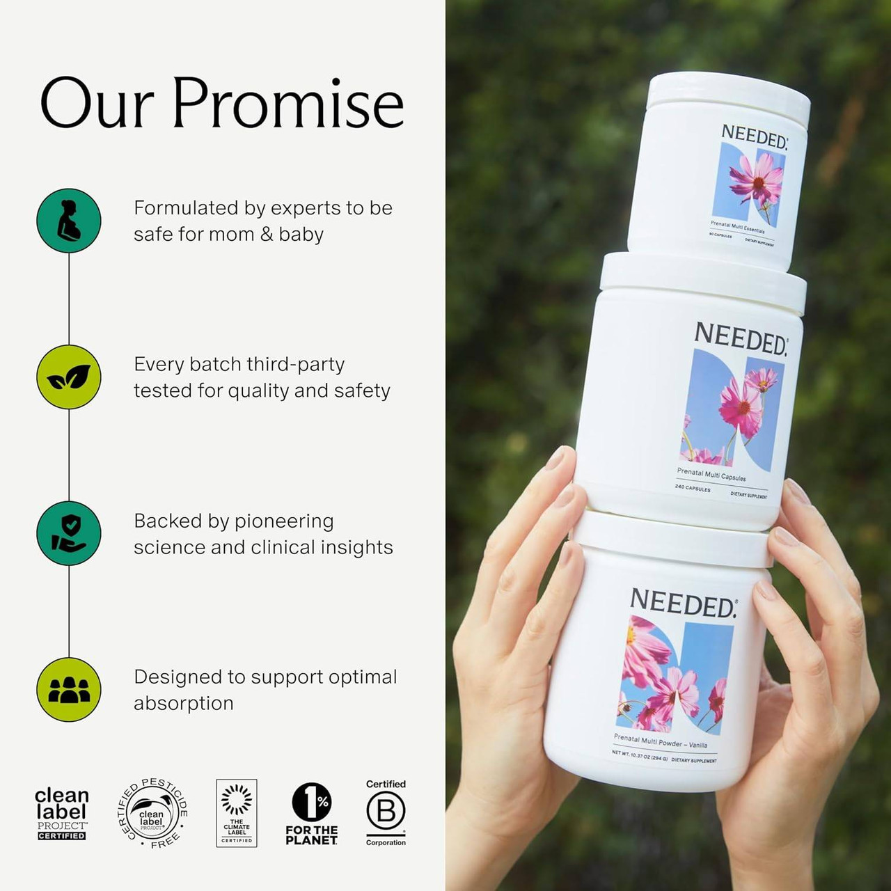 Hands holding stacked Needed containers, our promise graphic