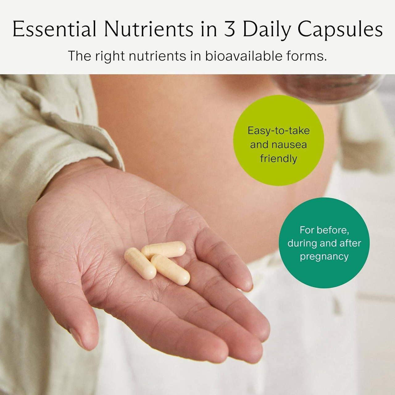 Hand holding capsules, essential nutrients in 3 daily capsules graphic