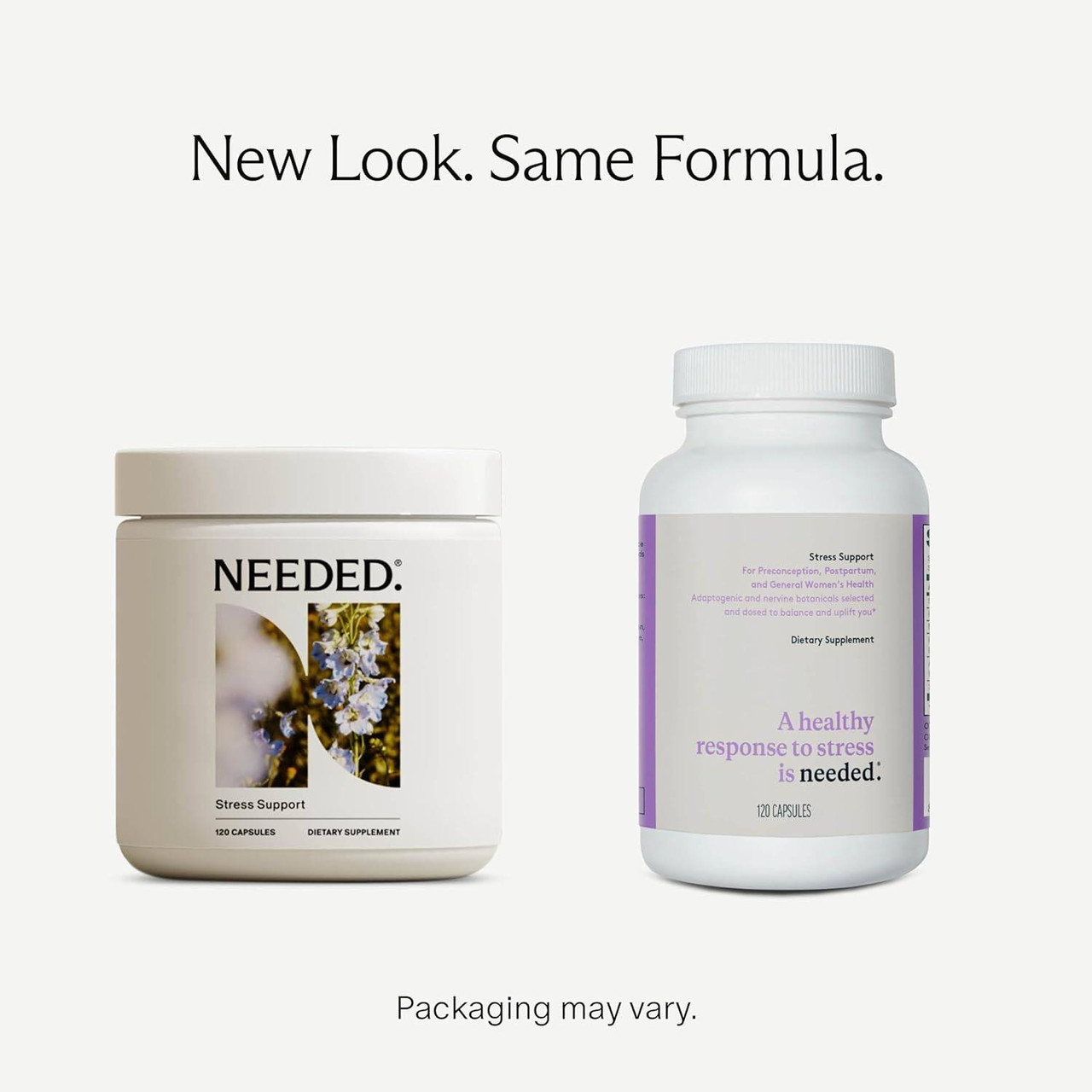 Old and new Needed Stress Support containers, new look same formula