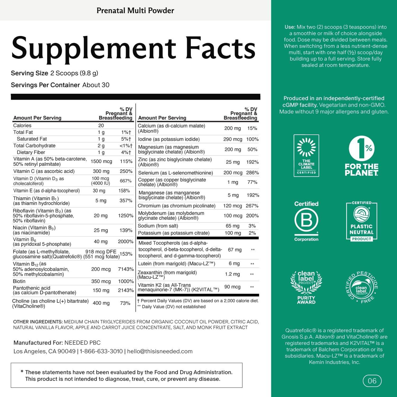 Needed Prenatal Multi Powder, Vanilla - 294 Grams